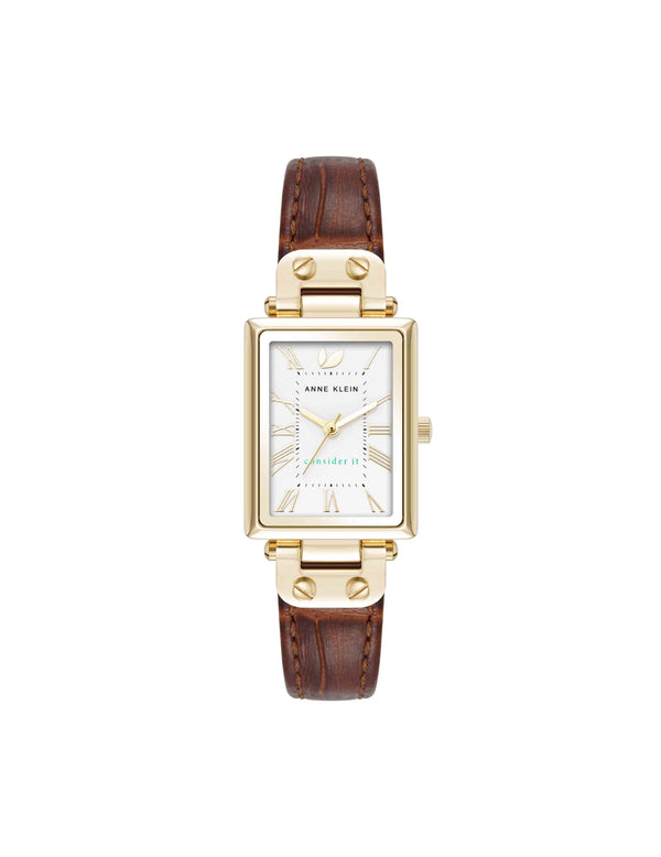 anne klein Consider It Rectangular Case Leather Watch Gold-Tone/Brown