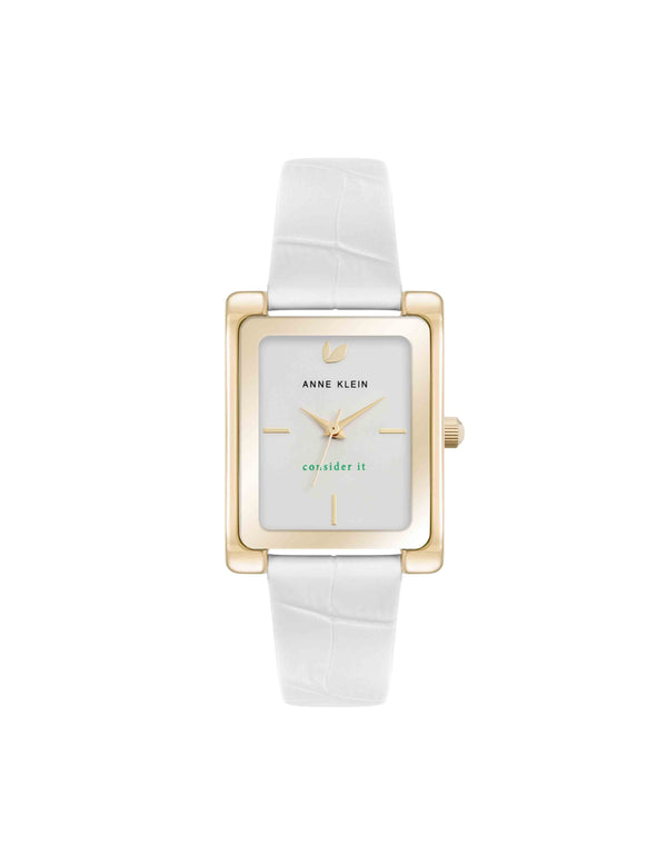 anne klein Consider It Rectangular Leather Band Watch Gold-Tone/White