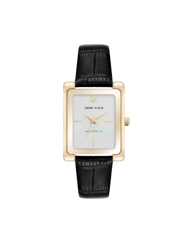 anne klein Consider It Rectangular Leather Band Watch Gold-Tone/Black