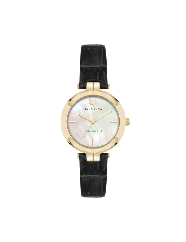 anne klein Consider It Round Leather Band Watch Gold-Tone/Black
