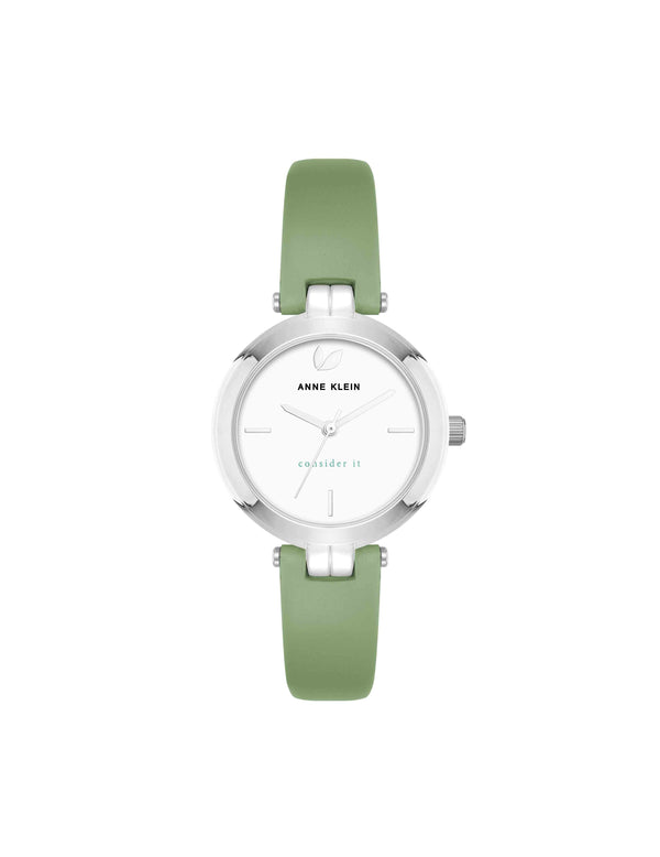 anne klein Consider It Round Sustainable Leather Band Watch Green/Silver-Tone