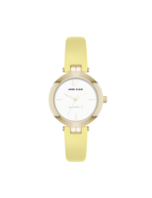 anne klein Consider It Round Sustainable Leather Band Watch Yellow/Gold-Tone