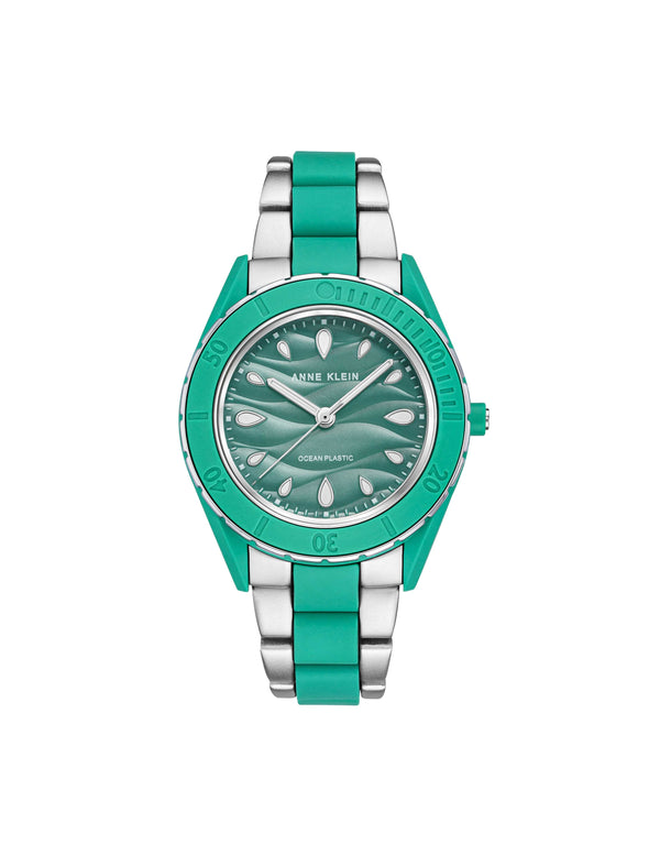 anne klein Consider It Solar Recycled Ocean Plastic Bracelet Watch Green&Silver-Tone