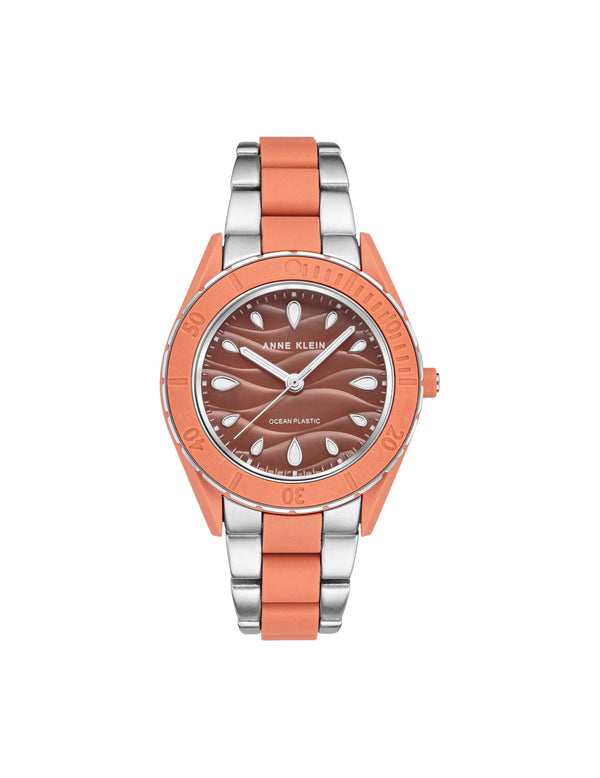 anne klein Consider It Solar Recycled Ocean Plastic Bracelet Watch Coral&Silver-Tone