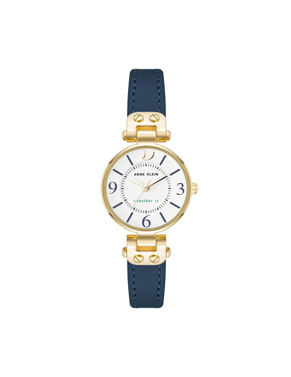 anne klein Consider It Sustainable Leather Strap Watch Blue/Gold-Tone