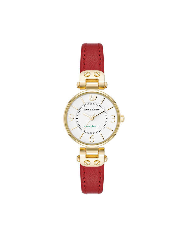 anne klein Consider It Sustainable Leather Strap Watch Gold-Tone/Red