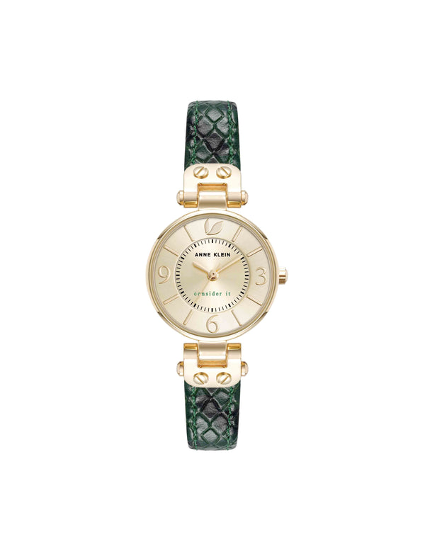 anne klein Consider It Sustainable Leather Strap Watch Gold-Tone/Green