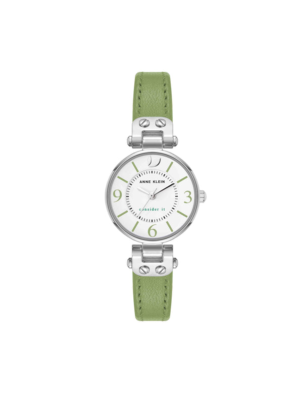 anne klein Consider It Sustainable Leather Strap Watch Green/Silver-Tone