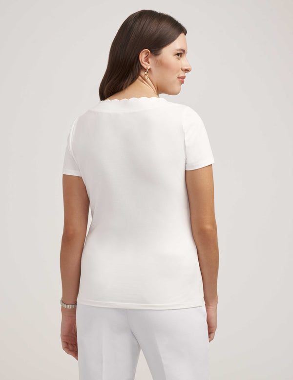 Anne Klein Costal Knit Scallop Tee- Sale Bright White