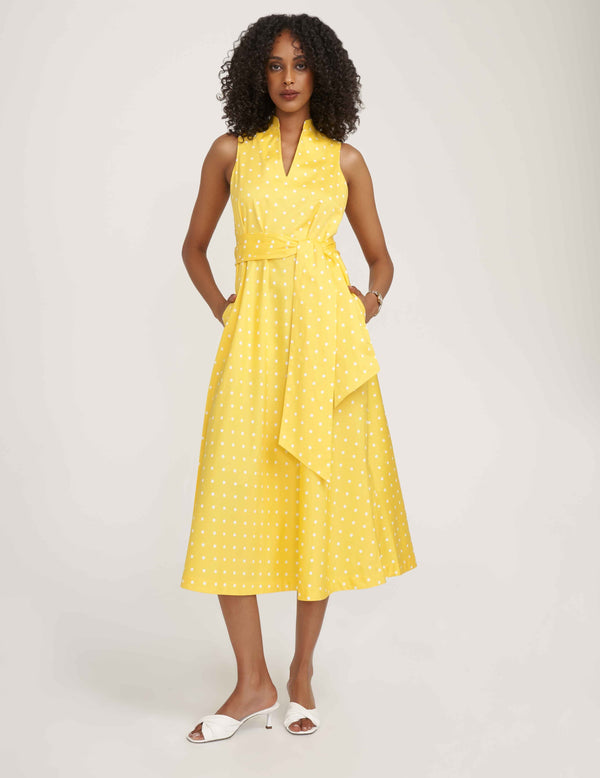 anne klein Cotton Midi Dress with Attached Sash- Sale Bright Daffodil/Bright White