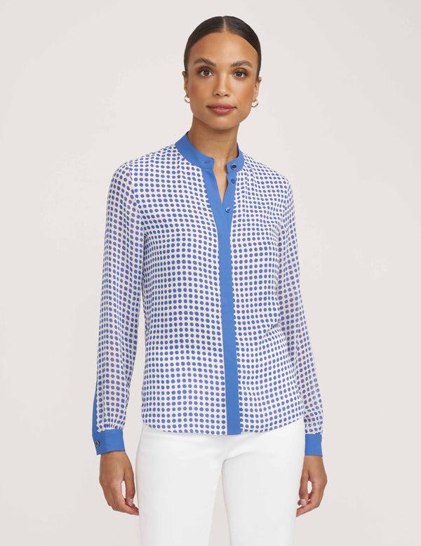anne klein Covered Placket Oxford Top- Sale Blue Lapis/Bright White