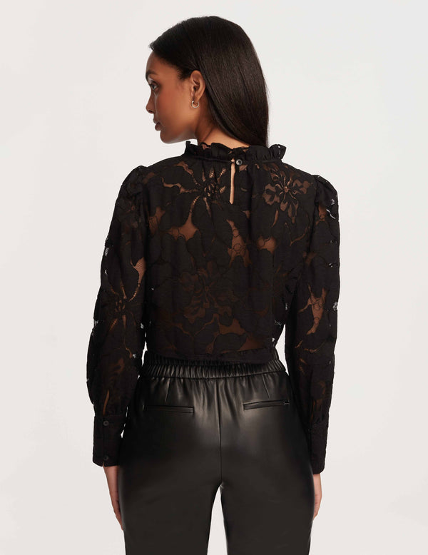 Anne Klein Cropped Ruffle Neck Blouse With Floral Lace- Sale Anne Black