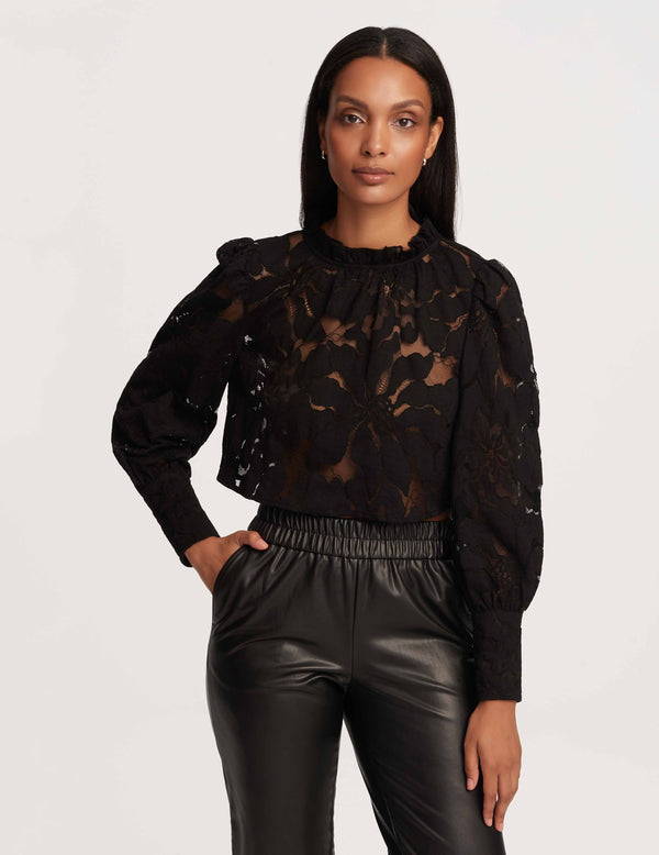 anne klein Cropped Ruffle Neck Blouse With Floral Lace- Sale Anne Black