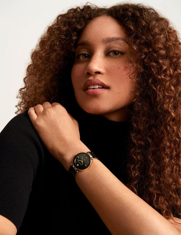 anne klein Diamond Accented Bangle Bracelet Watch Black/ Gold-Tone