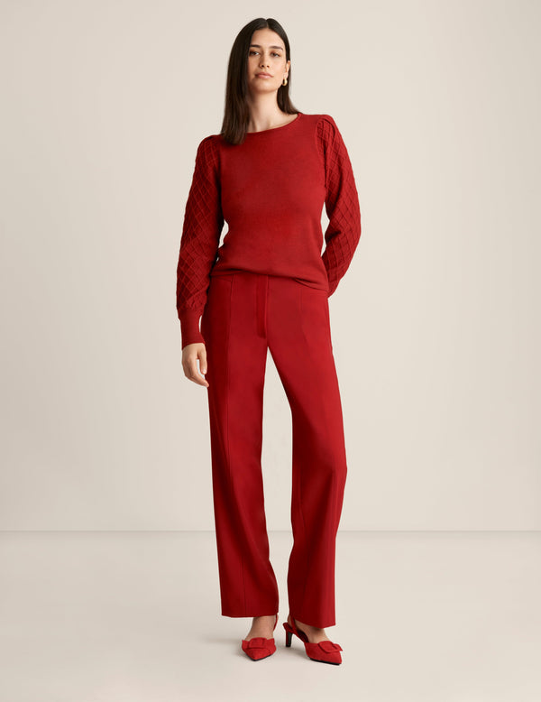 anne klein Diamond Stitch Sleeves Crewneck Sweater Titian Red