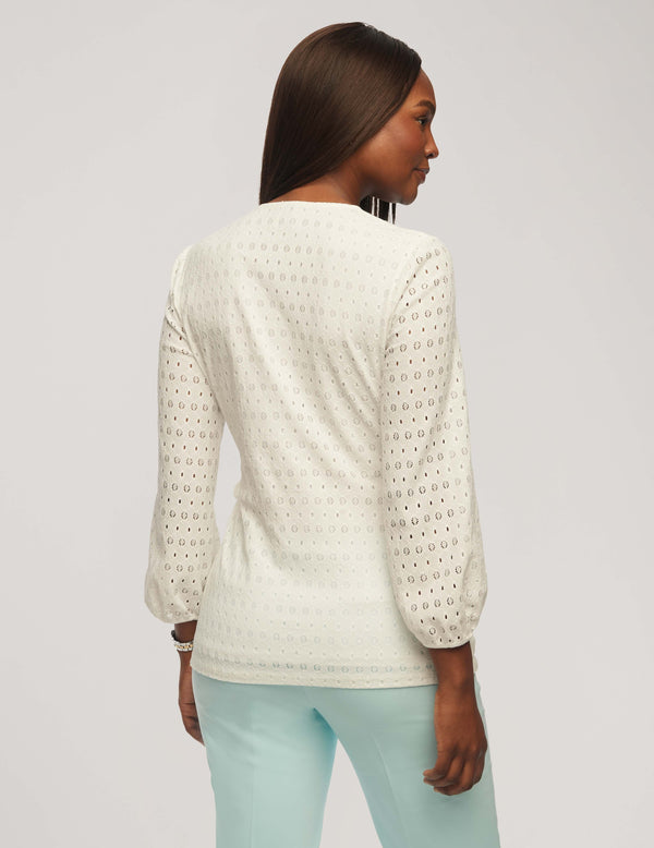 Anne Klein Dot Lace Blouson Sleeve Wrap Top- Sale Bright White