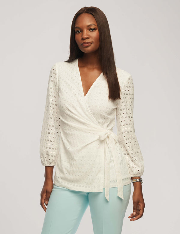 anne klein Dot Lace Blouson Sleeve Wrap Top- Sale Bright White