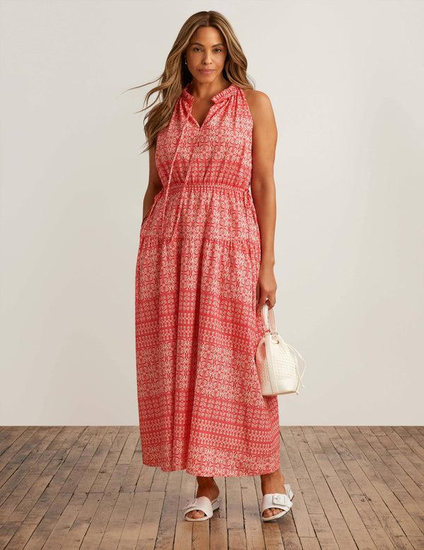 anne klein Drawstring Maxi Dress Hbscs Red/Pearl Wht