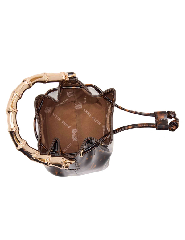 Anne Klein Drawstring Mini Bucket With Gold Bamboo Handle & Detachable Strap