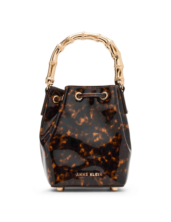Anne Klein Drawstring Mini Bucket With Gold Bamboo Handle & Detachable Strap