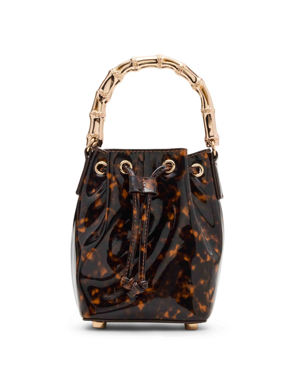 anne klein Drawstring Mini Bucket with Gold Bamboo Handle & Detachable Strap