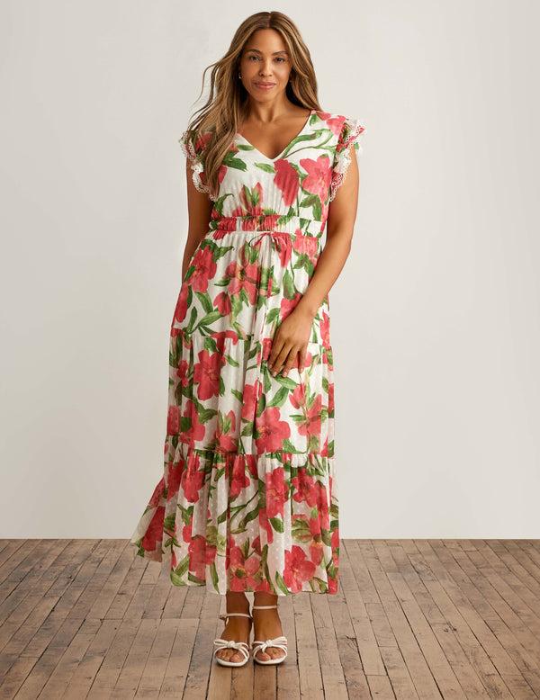 Anne Klein Drawstring Waist Tiered Maxi Dress Hbscs Red/Prl Wht Mlt