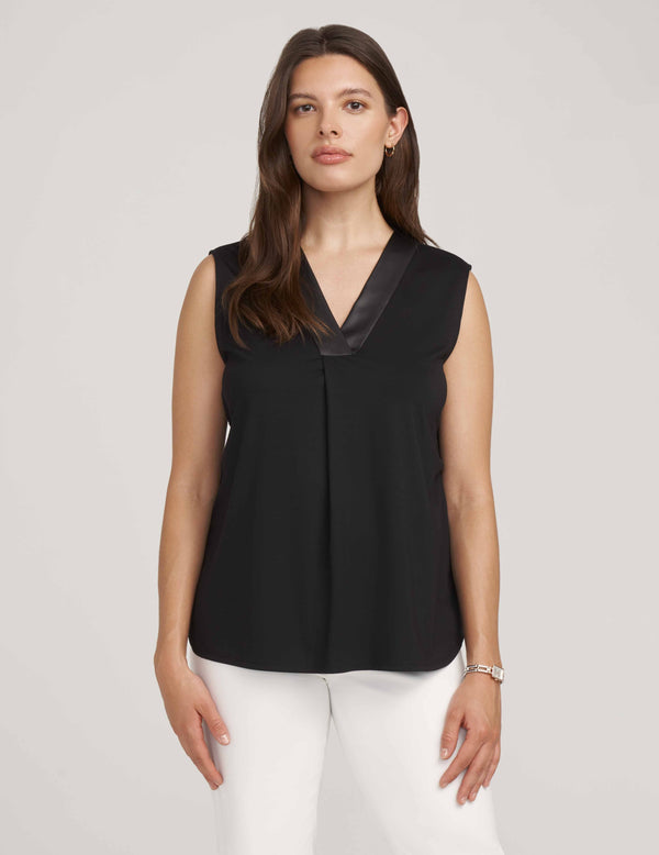 Anne Klein Easy Pleat Front Top With Faux Leather Trim- Sale Anne Black