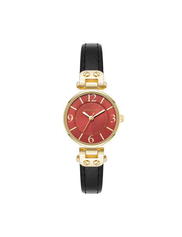 anne klein Essential Leather Strap Watch Black/Burgundy/Gold-Tone