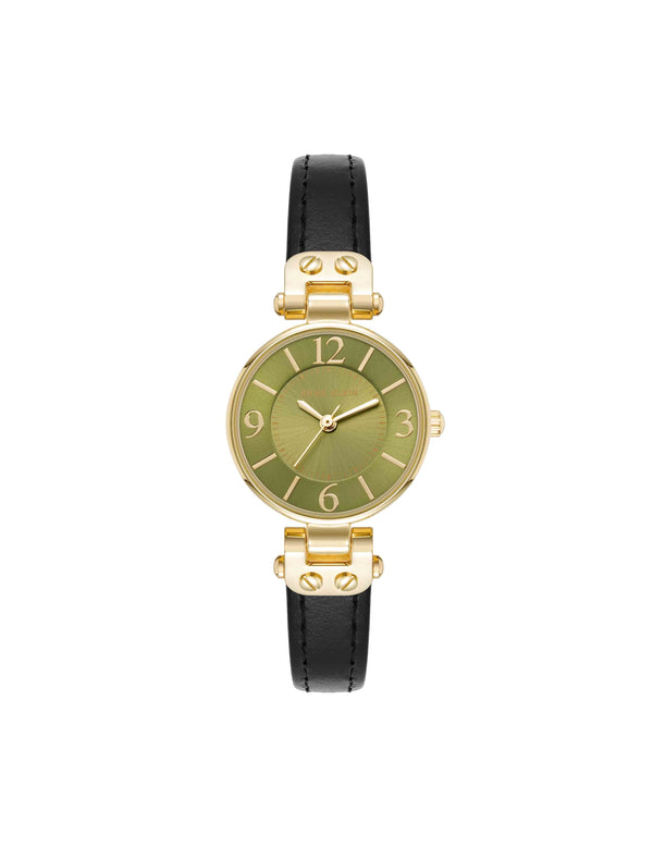 anne klein Essential Leather Strap Watch Black/Green/Gold-Tone