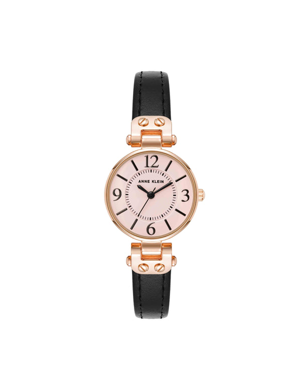 anne klein Essential Leather Strap Watch Black/Pink/Rose Gold-Tone