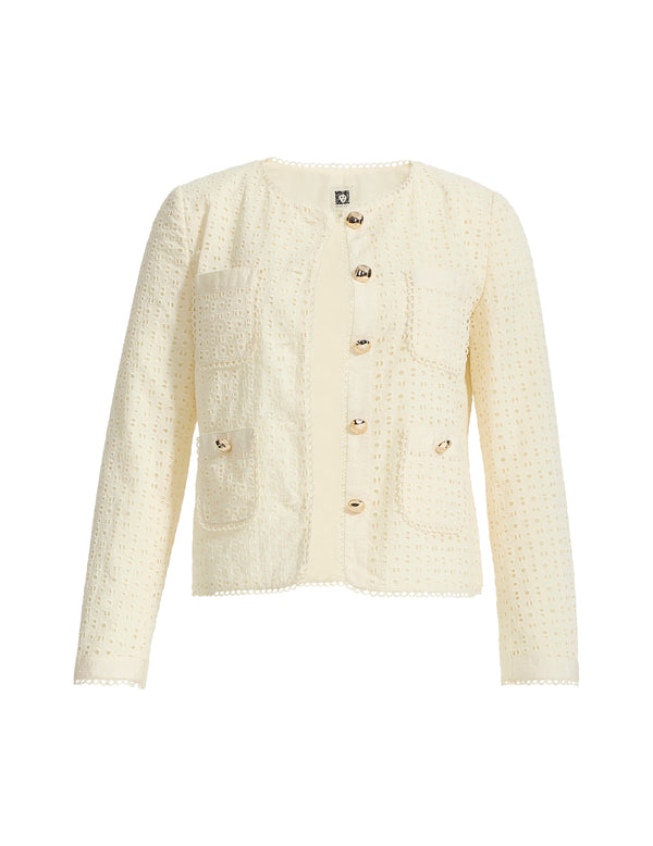 Anne Klein Eyelet Five-Button Jacket With Patch Pockets White Dove
