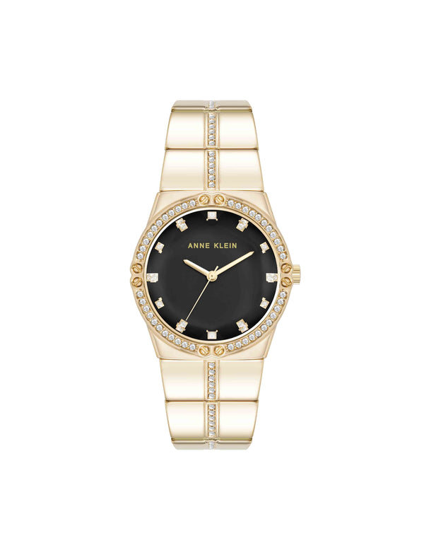 anne klein Faceted Crystal Bezel Watch Black/Gold-Tone