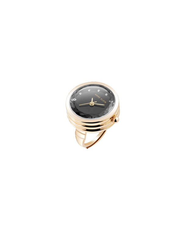 Anne Klein Faceted Crystal Ring Watch Black/Gold-Tone