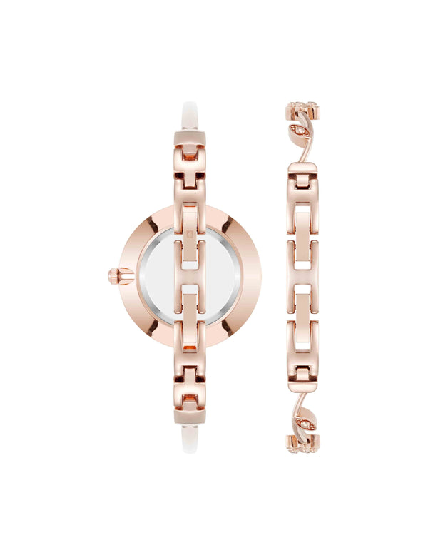 Anne Klein Floral Dial Bangle Watch Set Rose Gold-Tone