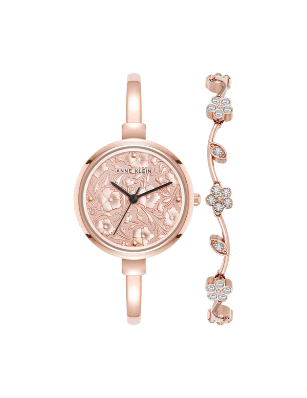 anne klein Floral Dial Bangle Watch Set Rose Gold-Tone