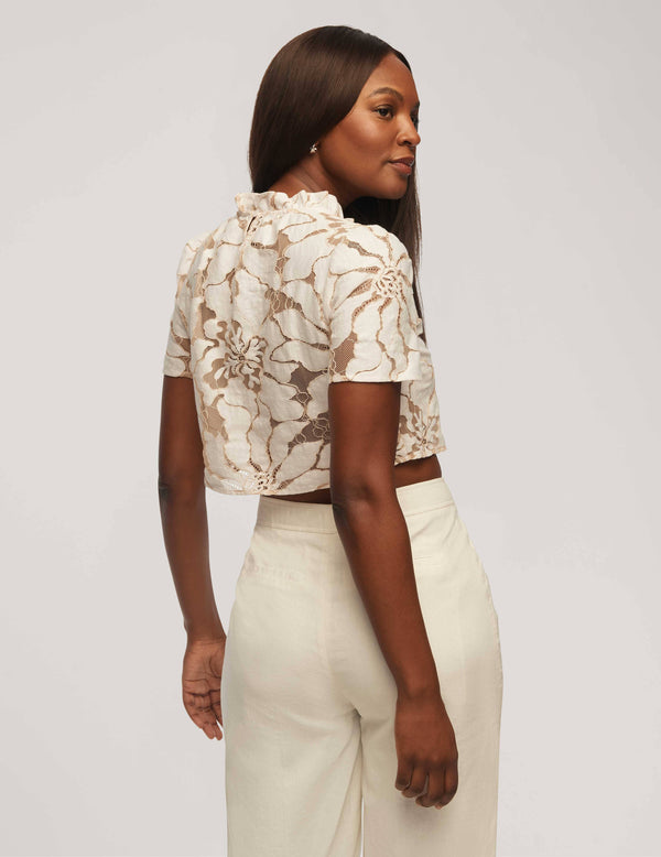 Anne Klein Floral Embroidered Lace Cropped Blouse Latte/ Anne White