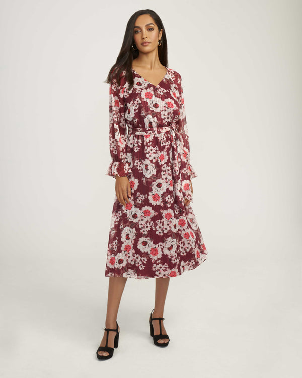 Anne Klein Floral Print Elastic Waist Dress- Sale Elderberry Combo