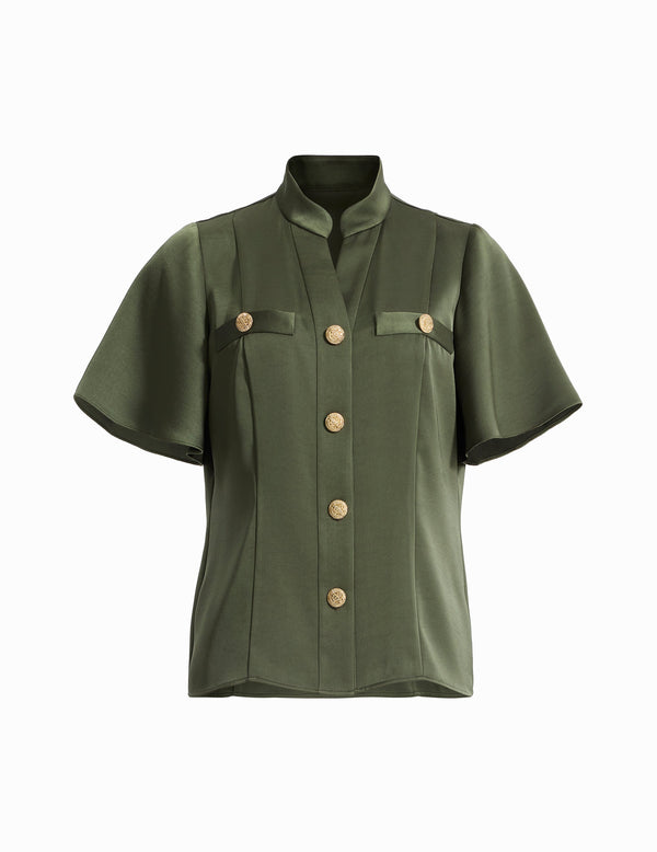 anne klein Flutter Sleeve Button Front Blouse Olive Palm