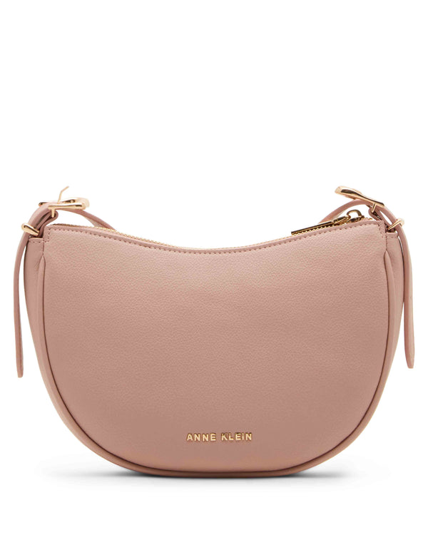 Anne Klein Half Moon Sculpted Buckle Crossbody With Adjustable Strap Rosewater W/ Gold Hardware