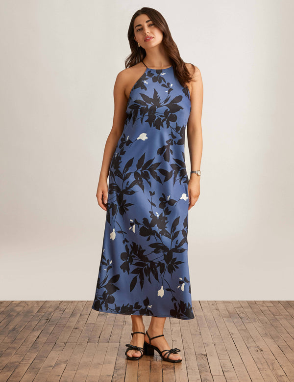 anne klein Halter Bias Slip Dress Blu Jay/Anne Blk Mlt