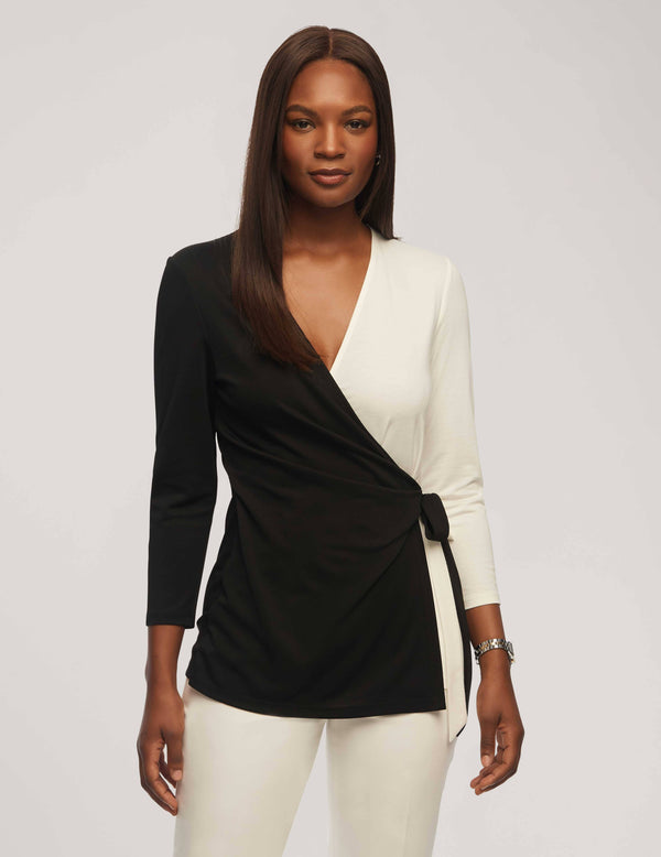 anne klein Harmony Knit Long Sleeve Color Block Wrap Top- Sale Anne Black/Anne White
