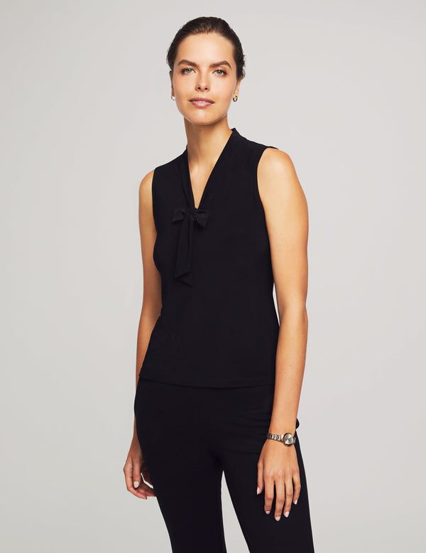 anne klein Harmony Knit V-Neck Sleeveless Tie Blouse Anne Black