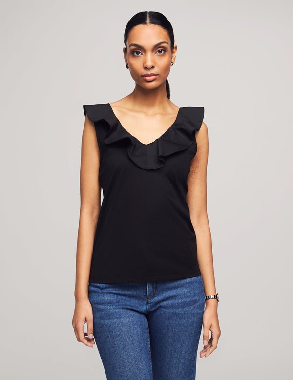 anne klein Harmony Woven Combo Flounce Top- Sale Anne Black