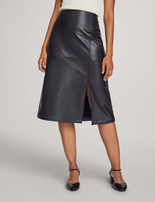 anne klein Hollywood Vegan Leather Slit Front Skirt- Sale Anne Black