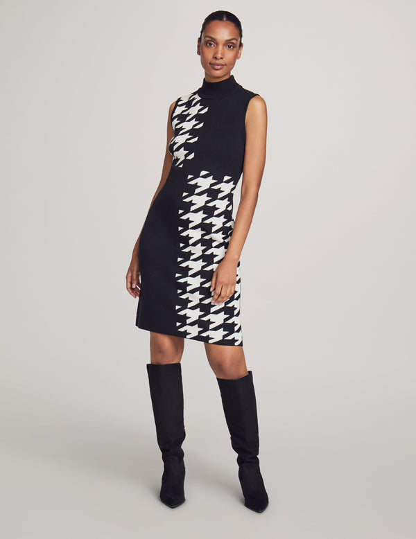 anne klein Houndstooth Mock Neck Sweater Dress- Sale Anne Black Combo