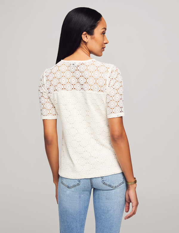 Anne Klein Lace Knit Elbow Sleeve Lace Tee- Sale Anne White