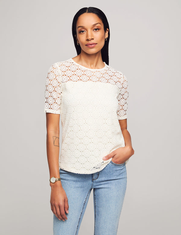anne klein Lace Knit Elbow Sleeve Lace Tee- Sale Anne White