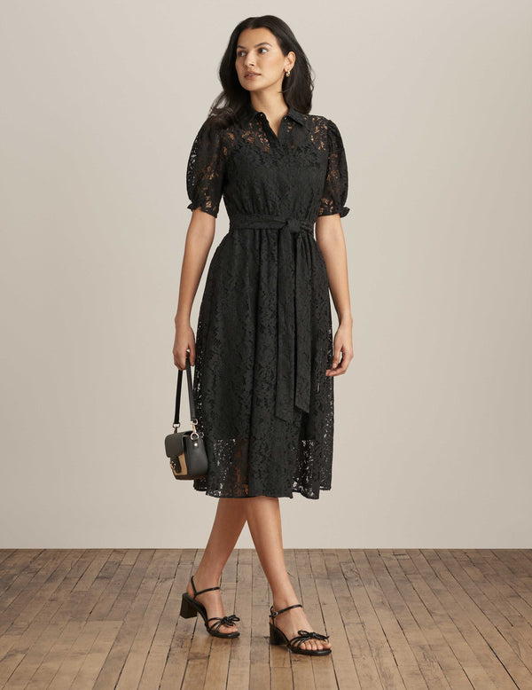 anne klein Lace Midi Dress With Puff Sleeves Anne Black