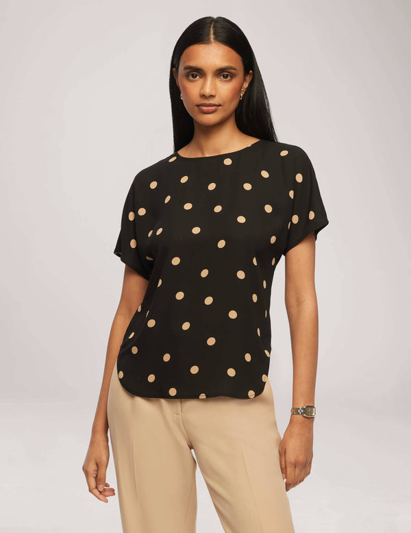 anne klein Large Dot Bateau Neck Short Sleeve Blouse Anne Black/Latte