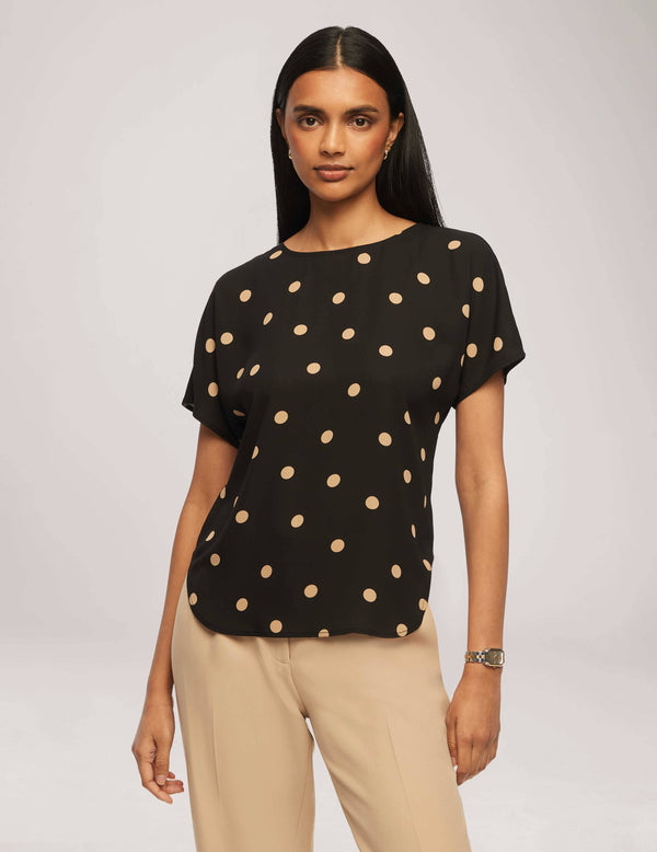 anne klein Large Dot Bateau Neck Short Sleeve Blouse Anne Black/Latte